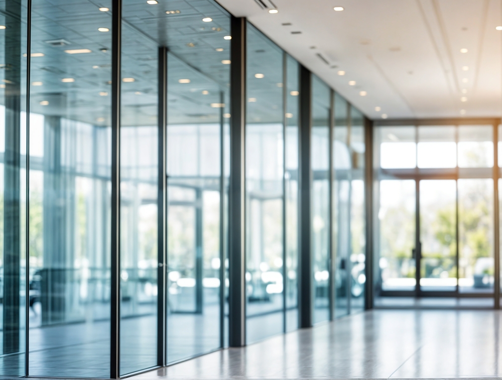 Bright,,empty,hallway,with,floor To Ceiling,windows,in,a,modern,office