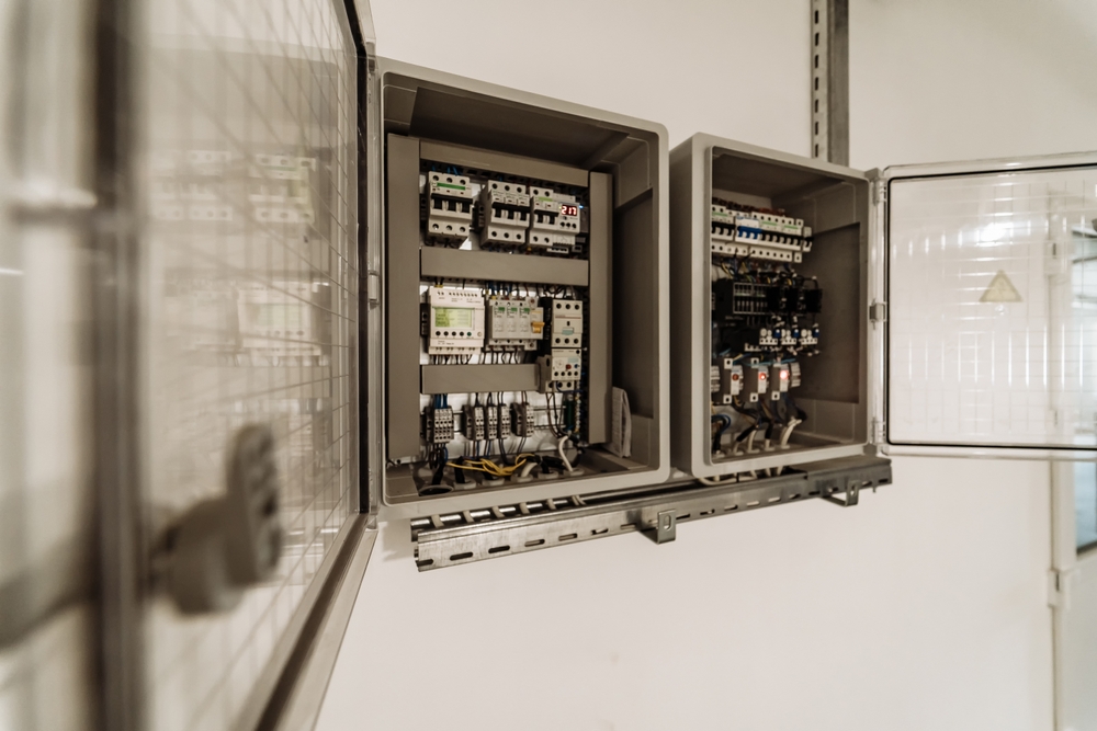 Commercial,electrical,control,panel,with,various,components.,a,control,panel